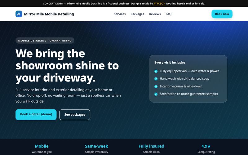 Concept design: homepage of Mirror Mile Mobile Detailing, a fictional business