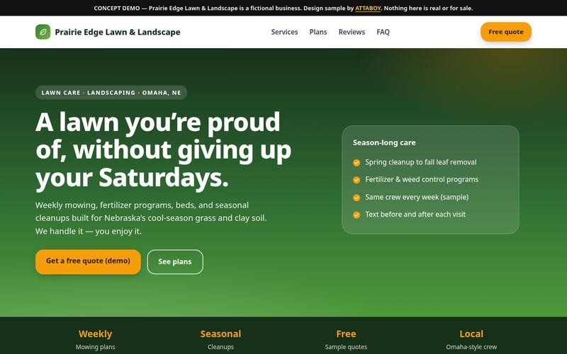 Concept design: homepage of Prairie Edge Lawn and Landscape, a fictional business