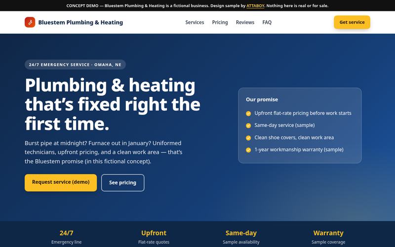 Concept design: homepage of Bluestem Plumbing and Heating, a fictional business